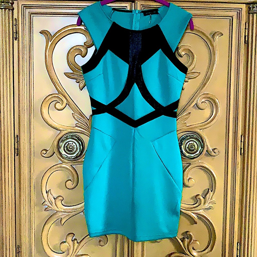 CALS bodycon dress turquoise & black design guc S